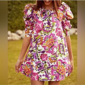 MISA Los Angeles Emilia Floral Print Puff Sleeve Shift Dress with Pockets Size M